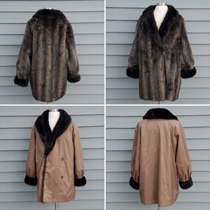 Vintage 90s y2k Brown Faux Fur Polyester Reversible‎ Double Breasted Midi Trench
